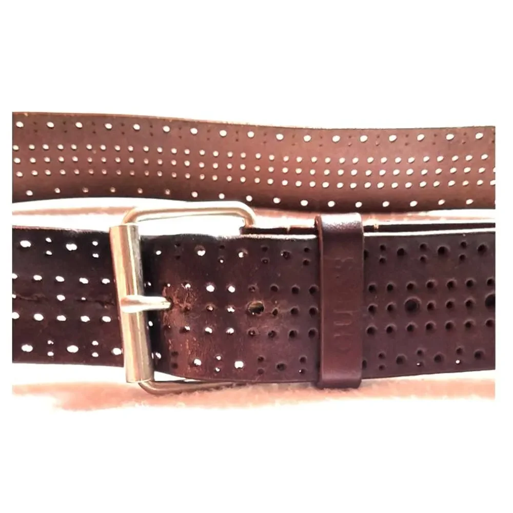 Guess Mens Brown Punched Wide Leather Belt Sz 40 Western Silvertone Buckle